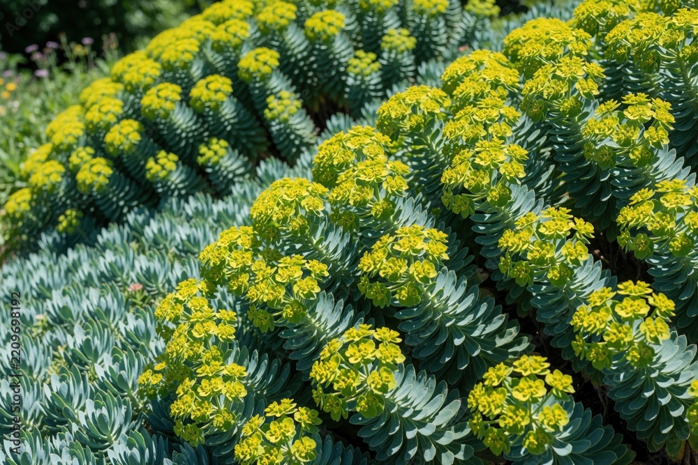 Fototapeta premium Green succulent plants with bright yellow flowers grow in Toronto garden. Close up view of milky euphorbia flora in summer. Many small textured leaves create pattern on green plant stems in outdoor