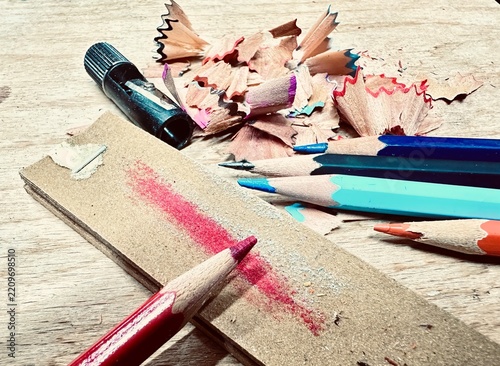 Close up of emery board for sharpening color pencil. Fine art sharpening art tool equipment for hand drawn creative design sketchbook. 