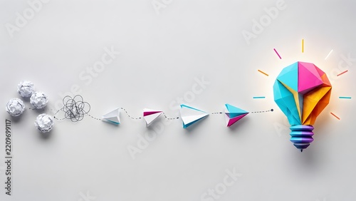 Journey of creative thinking transforming crumpled paper into brilliant ideas, visualized through evolving paper airplanes leading to a vibrant geometric lightbulb.