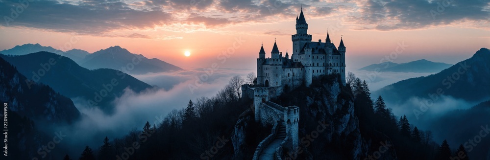 Obraz premium Majestic medieval castle stands on high rocky mountain cliff. Thick white mist covers valley below. Dramatic sunrise sky with orange clouds glows over dark stone architecture. Epic fantasy landscape