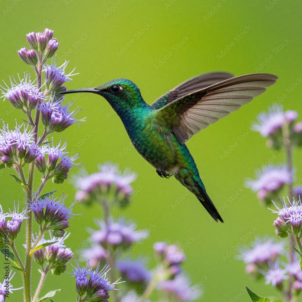 Obraz premium Small emerald hummingbird hovers near purple flowers. Tiny bird flies with open wings to drink nectar from blossoms. Colorful wildlife in tropical garden. Nature background with green bokeh, bright