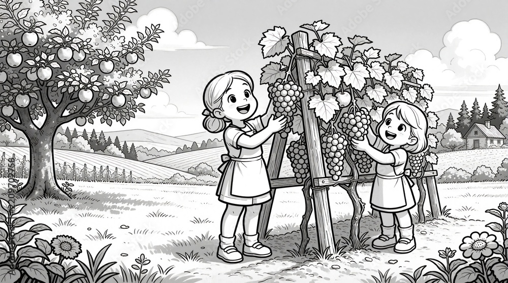 Obraz premium Cheerful young girl harvests ripe grapes from vine in sunny orchard. Little child picks fresh fruit into basket near apple tree. Happy kid enjoys organic farming, autumn harvest in rural garden. Cute
