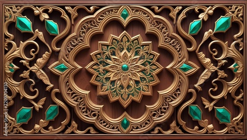 Ornate Islamic wooden carved panel with gold and turquoise geometric patterns