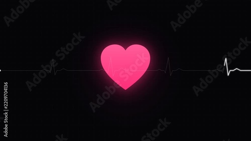 Glowing Pink Heart Shape with Animated EKG Pulse Line on Black Background