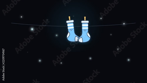 Cute animated blue socks with faces hanging on a clothesline in night sky