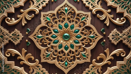 Detailed Islamic golden and teal mandala ornament pattern background