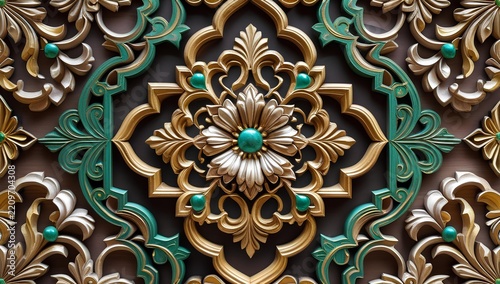 Traditional Islamic golden geometric pattern with turquoise accents