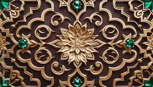 Ornate Islamic golden geometric mandala pattern with turquoise details