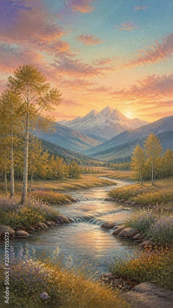 Obraz premium Dreamy painted mountain valley river at sunrise, mobile wallpaper