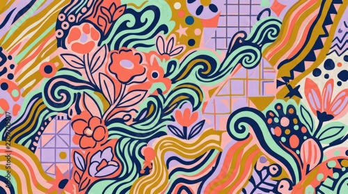 Dense abstract patchwork of flowers, waves, stripes and geometric shapes in coral, pink, mint, navy, lavender and mustard, playful textile-style illustration, bold flat shapes, subtle grain and