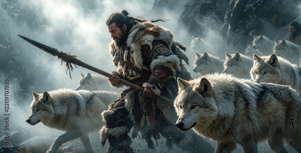 Obraz premium Powerful tribal warrior with long hair holds sharp spear in misty mountains. Group of large wild wolves follows brave man through thick fog. Epic fantasy scene shows leader, wolf pack walking
