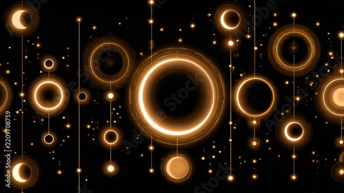 Magical autumn celebration glowing neon circles and cosmic stars overlay elements on black background for festive seasonal designs