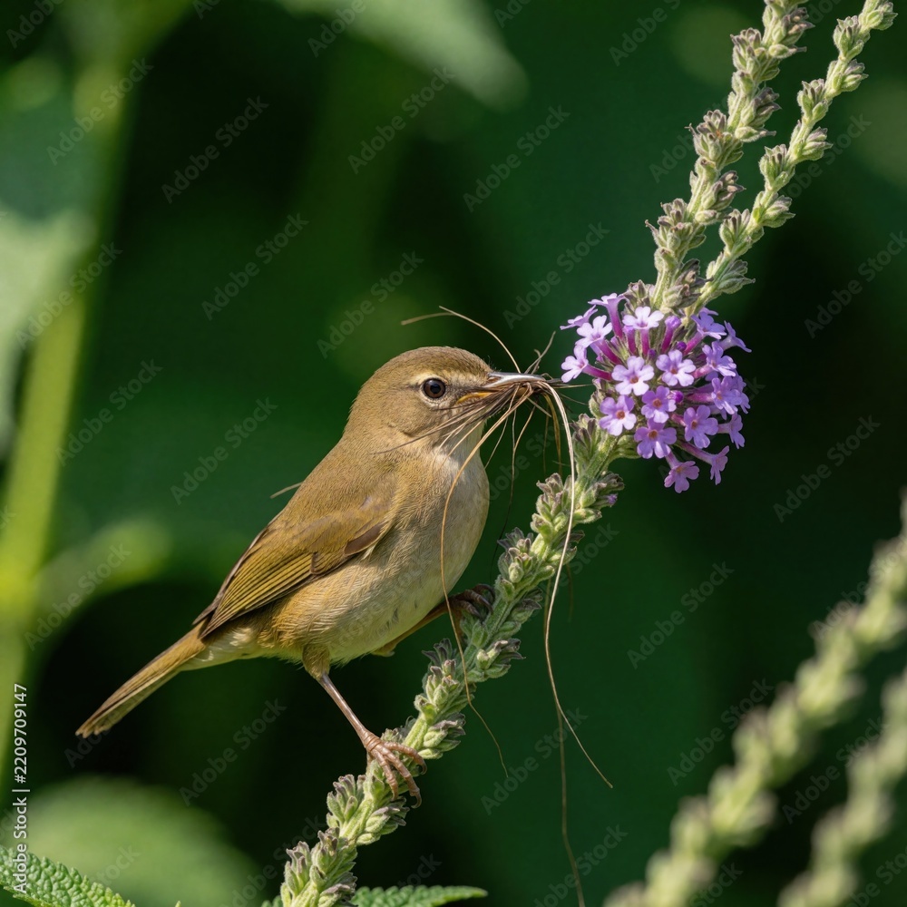 Obraz premium Small brown bird carries dry grass in beak to build nest. Wild avian creature collects nesting material on green plant with purple flowers. Wildlife photography shows natural habitat, bird behavior
