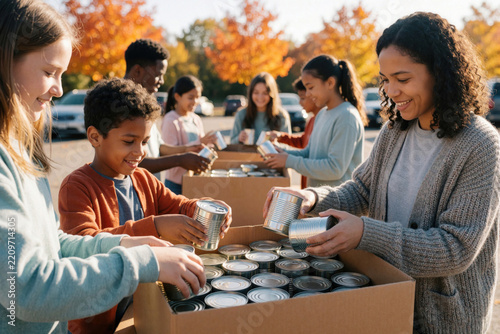 Diverse group of happy kids, teenagers volunteer at community food drive. Young people pack canned food into cardboard boxes for charity. Group of multicultural children help donate supplies to fight