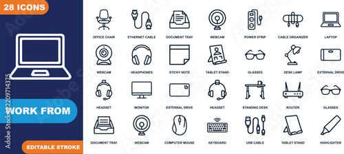Twenty-eight vector icons representing essential work-from-home essentials