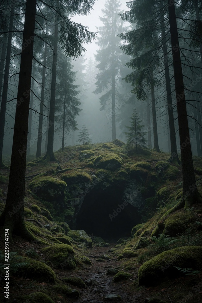 Obraz premium Dark misty forest with tall pine trees, thick fog. Mossy rocks cover cave entrance in deep woodland. Spooky atmosphere in green during autumn morning. Eerie landscape shows mysterious nature scenery