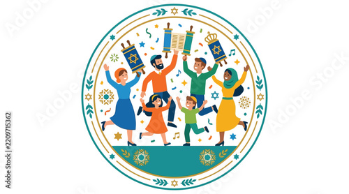 Celebratory group with torah scrolls depicted in a vector illustration with a circular frame