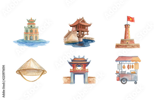 Hanoi Landmark and Culture Watercolor Icon Set