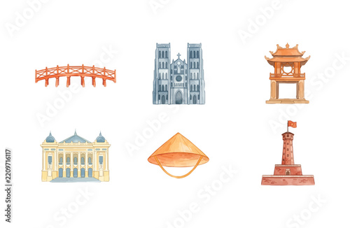 Watercolor Hanoi Vietnam landmarks icon set isolated on white background