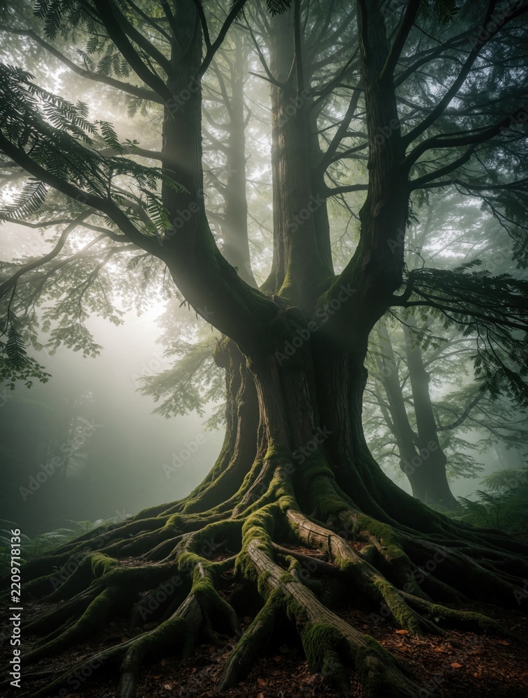 Obraz premium Ancient yew tree with huge mossy roots in misty forest. Thick trunk, sprawling branches stand in foggy woodland. Mysterious nature landscape with green moss on ground, old wood. Eerie peaceful