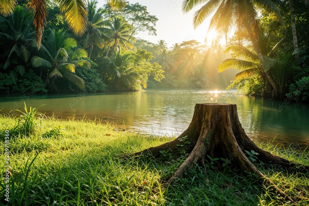 Obraz premium Old brown tree stump sits on green grass by tropical river. Sunny morning light shines through palm trees in jungle. Calm water reflects forest scenery. Natural wood log near river bank in summer
