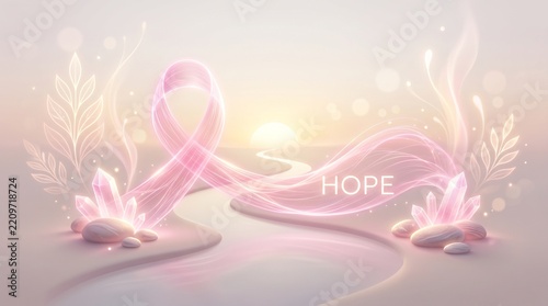 Pink breast cancer ribbon with hope text in ethereal landscape. Glowing awareness ribbon over winding path at sunrise. Soft pink healing background.