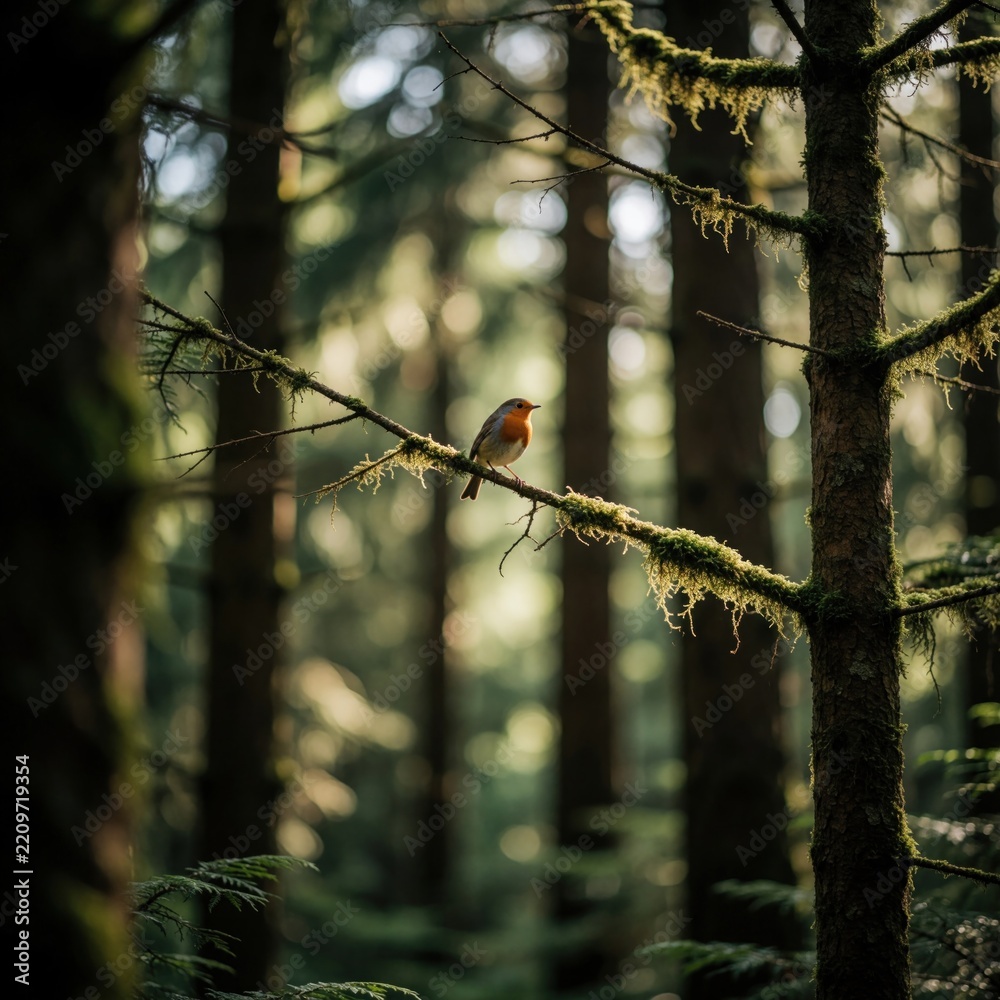Obraz premium Small robin bird sits on mossy tree branch in dense forest. Wild bird perches on lichen covered wood amidst green pines. Sunlight filters through woodland trees creating natural bokeh background.