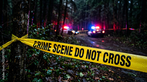 Crime Scene Tape In Dark Rainy Forest With Police Lights