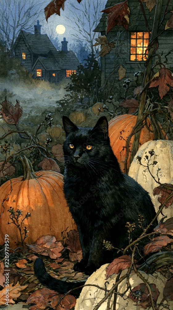 Fototapeta premium a serene autumn scene. A black cat with striking yellow eyes sits among pumpkins and fallen leaves. The cats fur is glossy black, and its tail is curled around its body.