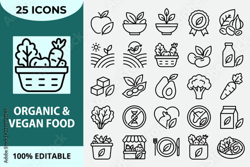 Organic vegan food symbols featuring fresh vegetables, fruits, plant based meals, natural produce and ingredients.