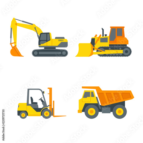 Heavy machinery equipment collection flat vector icon set