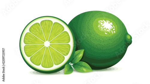 Fresh green lime whole and cross section half with small leaves for beverage menu branding design