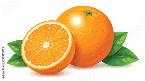 Fresh orange fruit with slice and green leaves for juice packaging