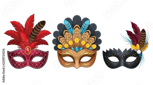 Venetian carnival masks with feathers and glitter details for masquerade party invitation design