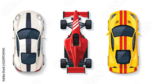Pixel art sports cars set seen from top view for video game assets and retro sticker collection