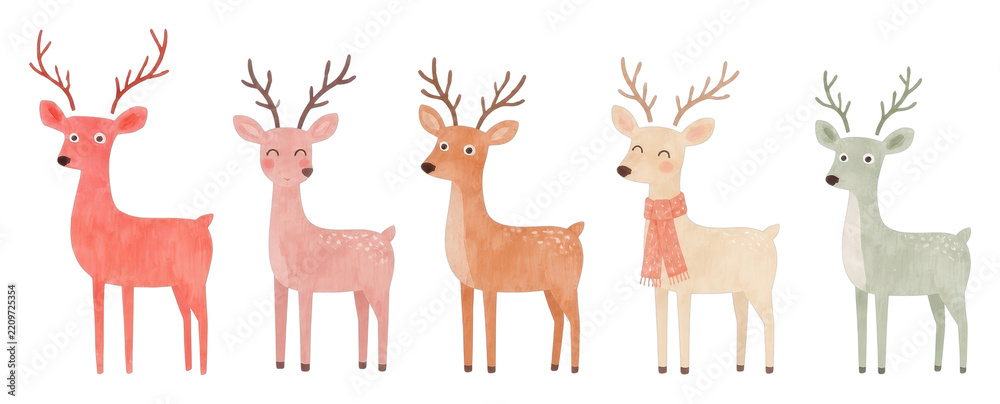 Obraz premium Set of cute PNG deer illustrations with transparent background, festive woodland style