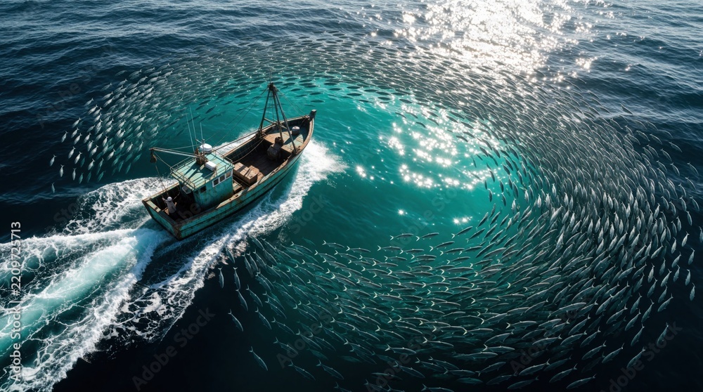 Obraz premium Aerial view of fishing boat moving through large school of fish in blue ocean. Commercial vessel catches seafood using sustainable methods in deep sea. Massive fish swarm surrounds trawler boat