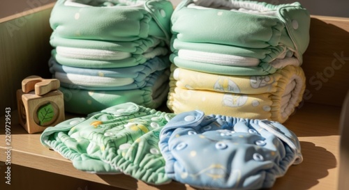Eco friendly cloth diapers stacked neatly soft fabric sustainable baby care reusable diapering gentle on skin pastel colors natural materials child hygiene organic textile