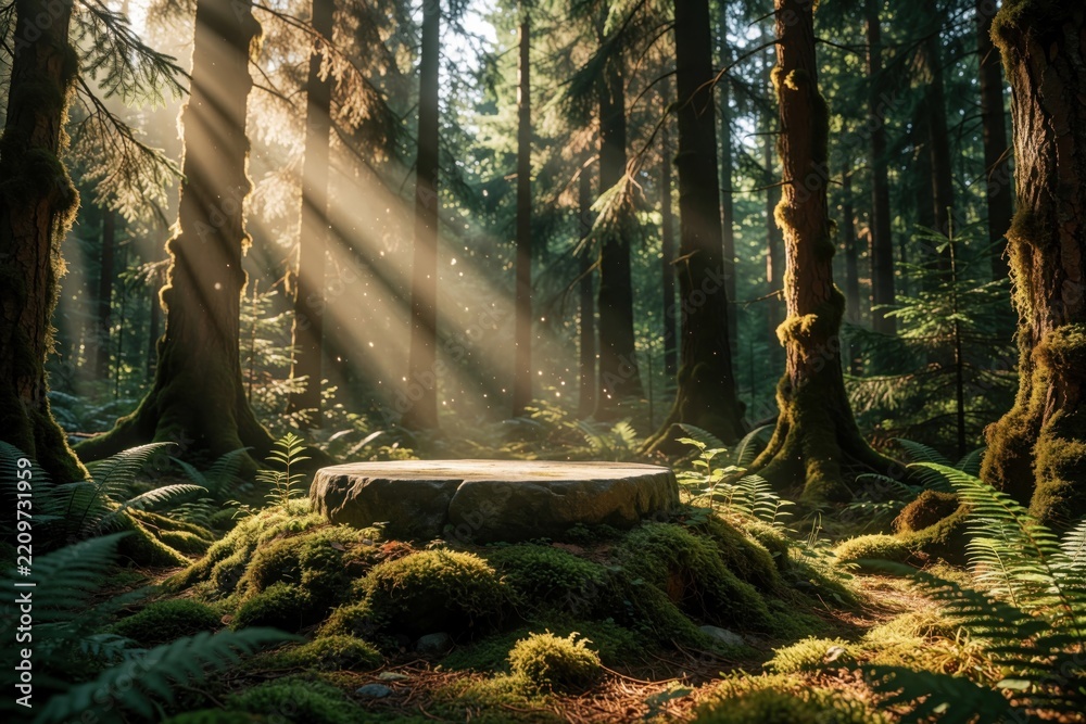 Obraz premium Stone podium sits in enchanted forest with sun rays through trees. Mossy ground with ferns, magical light atmosphere. Empty circular platform for product display fantasy scene in green woods. Nature