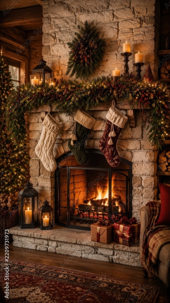 Fototapeta premium Cozy rustic Christmas fireplace mobile wallpaper