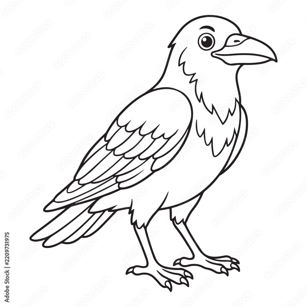 Obraz premium Cute cartoon crow raven bird outline line art illustration. Black and white wild bird character with beak for kids coloring page activity book.