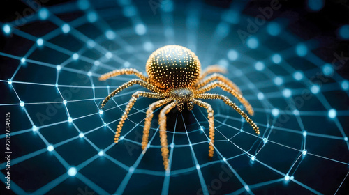 A glowing cybernetic spider on a digital web representing network secu