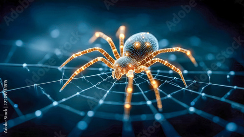 Digital spider glowing on a high-tech network web with blue backdrop