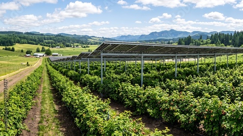 Agrivoltaics System Elevated Solar Array Over Berry Field