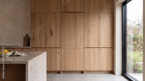Minimalist Integrated Refrigerator Cabinetry in Soft Overcast Light