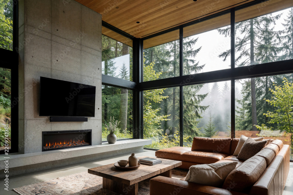 Obraz premium Modern luxury living room with concrete walls, wood ceiling. Large glass windows show misty forest view. Leather sofa, wooden coffee table, electric fireplace create cozy atmosphere. Interior design
