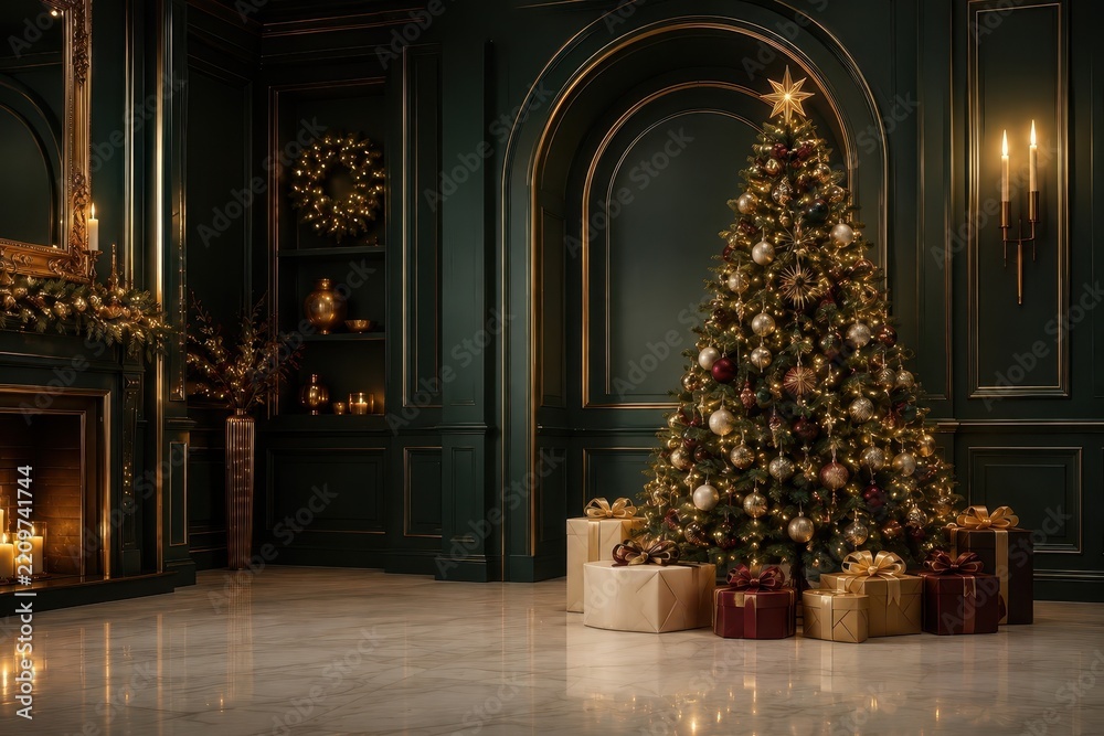 Fototapeta premium Elegant Christmas tree with gifts beside a glowing fireplace