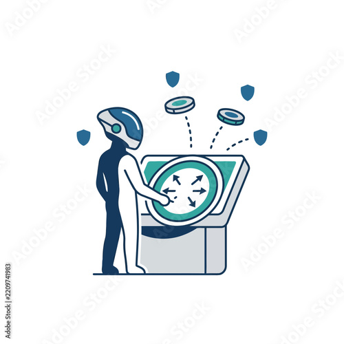 Futuristic robot managing digital assets and currency on a secure touch screen terminal