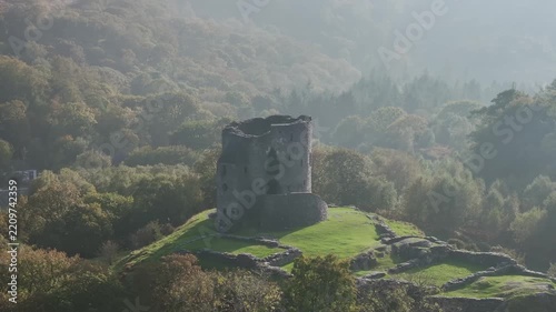 Autumn over Ruins of Dolbadarn Castle from a drone, Llanberis, Llywelyn, North Wales, UK