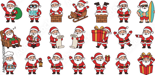 Cute Santa Claus icon set bundle. Christmas holiday character mascot in various funny poses and activities. Flat cartoon vector elements collection for UI and graphic design.